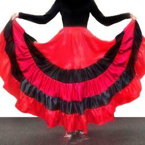 Red Black Satin Maxi Skirt. Ameynra Gypsy Dance patchwork design Size S OOAK